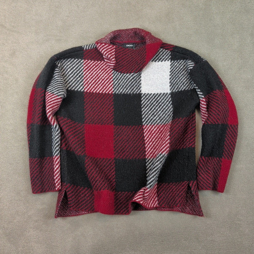 DKNY Sweater Womens Large Red Black Buffalo Plaid Cowl Neck Oversized Knit Top